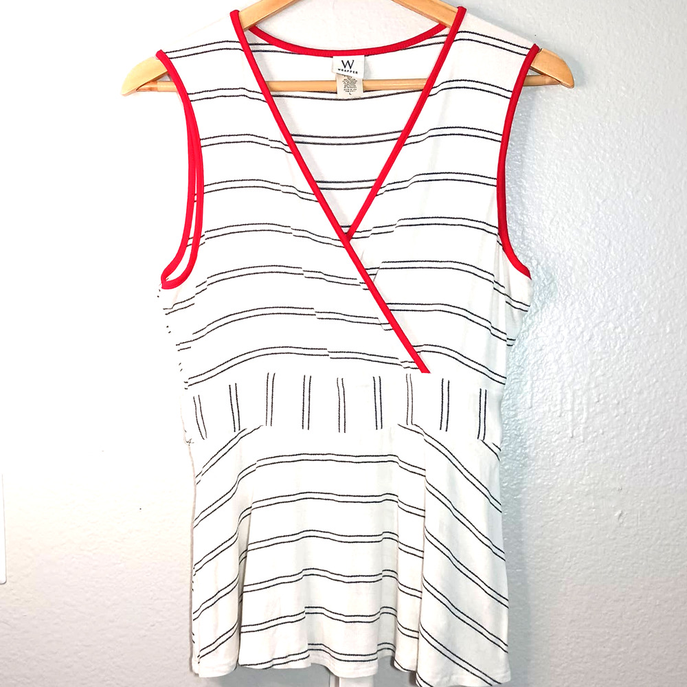 WRAPPER Stretch Striped V Neck Sleeveless Tie Back White Red Black Size L Blouse